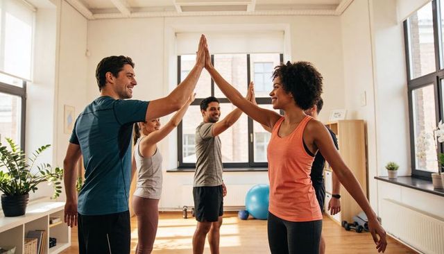 Group fitness class celebrating success with high-fives in bright studio motivating team