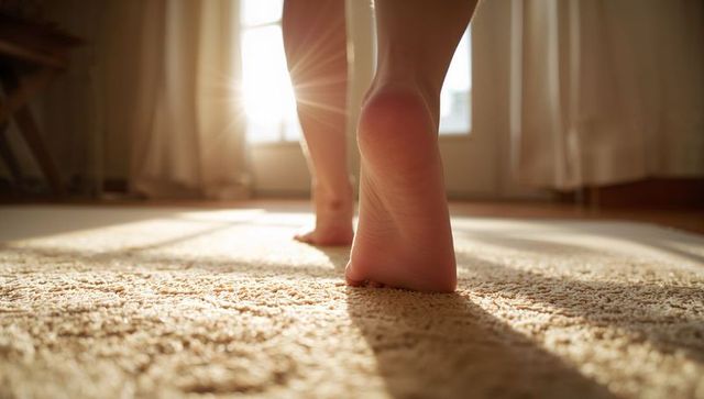 Sunlit barefoot stepping on cozy carpet morning light warm home interior closeup
