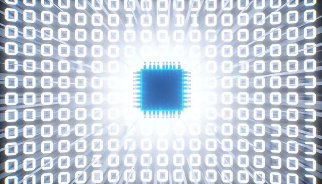 Glowing blue microchip radiating binary grid with neon circuit rays for ai tech concepts