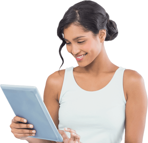 Smiling Woman Using Digital Tablet on Transparent Background
