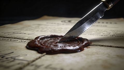 Serrated Knife Piercing Wax Seal on Aged Parchment Closeup with Twine Vintage Document
