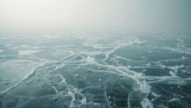 Foggy icy lake with crack patterns and snow ridges in winter