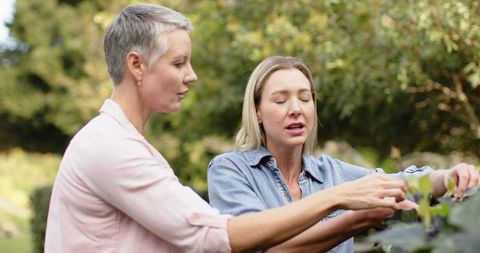 Two women inspecting leafy shrub, touching leaves, gardening friendship outdoors