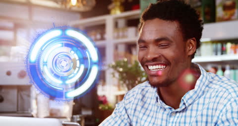 Smiling Man Engaging with Digital HUD Display Technology