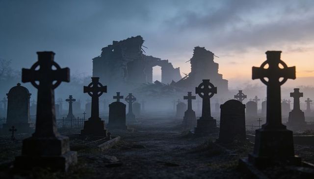 Fog-shrouded celtic cross graveyard leading to ruined abbey at twilight