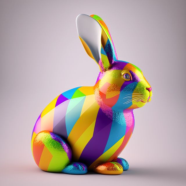 Multicoloured easter rabbit on grey background, created using generative ai technology. Easter and celebration concept digitally generated image.