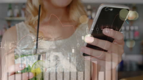 Business Data Overlaid on Woman Using Smartphone in Restaurant