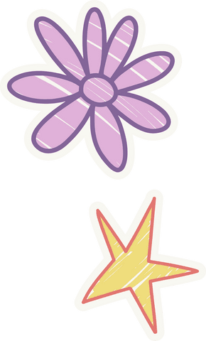 Playful sticker style flower and star on transparent background