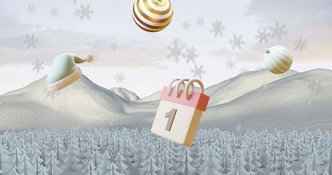 Whimsical Underscore of Festive Decorations Over Scenic Winter Landscape