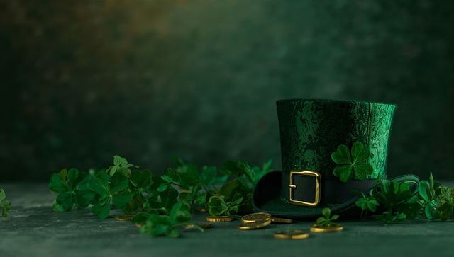 Rustic emerald leprechaun hat with shamrocks and gold coins for St Patrick's Day display