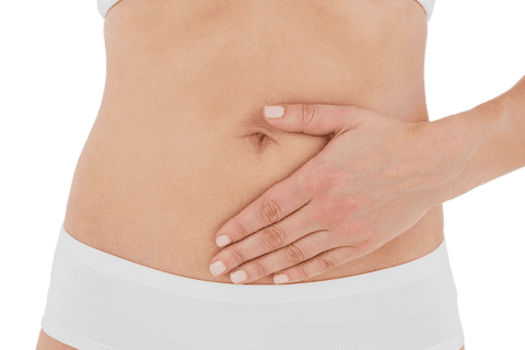 Transparent image of woman touching stomach for health concept