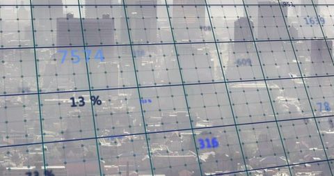 Aerial grid overlay showing data nodes and numeric analytics mapped across urban rooftops