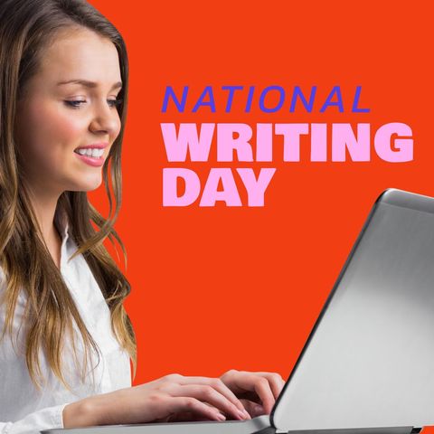 smiling woman celebrating national writing day with laptop - Download Free Stock Templates Pikwizard.com