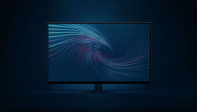 Thin-bezel monitor displaying neon swirl wallpaper on pedestal in dark studio