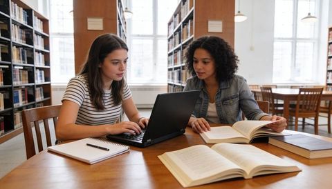 Two students studying and collaborating on laptop and textbooks in sunlit library