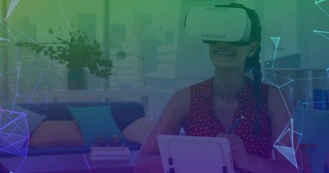 Woman engaging with vr technology, exploring digital world