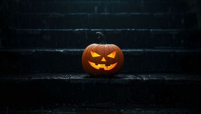 Glowing jack-o'-lantern on wet steps during rainy halloween night