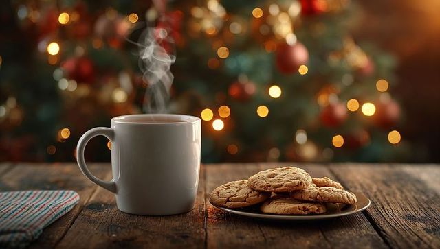 Cozy Holiday Mug with Cookies and Bokeh Christmas Lights