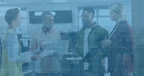 Diverse Team Collaborating in Futuristic Office with Data Overlay