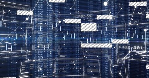 Futuristic Data Network Dashboard Visualizing Layered Wireframe Panels and Numeric Streams