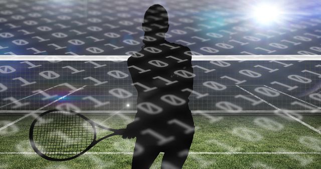 Binary coding data processing against silhouette of female tennis player against tennis court. sports competition and tournament concept