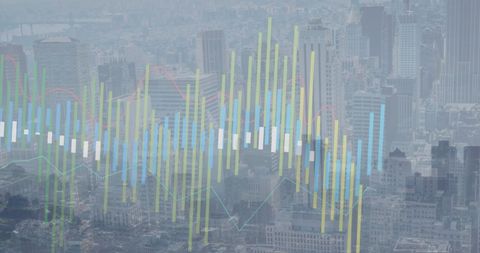Digital financial data over city with blue theme