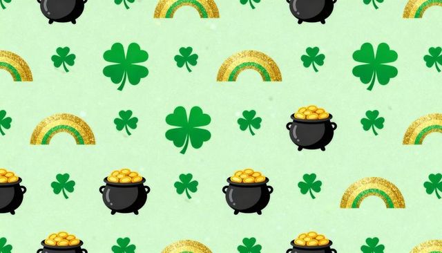 Seamless st patrick's day pattern featuring shamrocks pots of gold and glitter rainbows