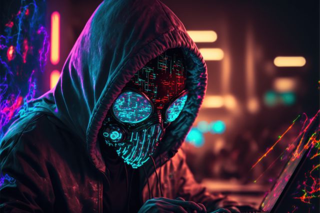 Hacker in glowing digital alien mask over digital data, created using generative ai technology. Global online hacking, security, technology and computing concept digitally generated image.