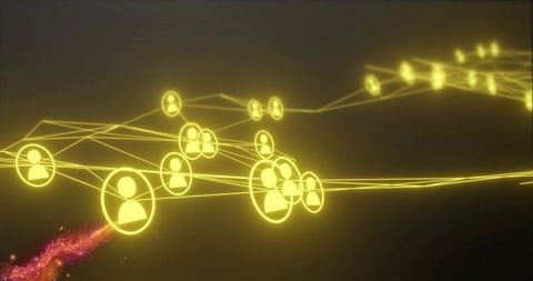Glowing neon network of interconnected user nodes connecting communities across virtual space