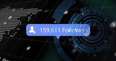 Displaying 159,611 followers counter overlaying futuristic analytics hud and global map