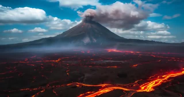 Active Volcano Eruption with Flowing Lava and Ash Cloud