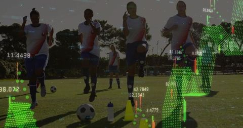 Soccer Players Performing Drills with Financial Data Overlay