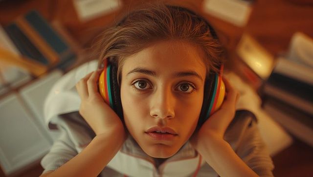 Focused student deep in study with rainbow headphones