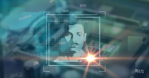 Futuristic digital profile screen on server background