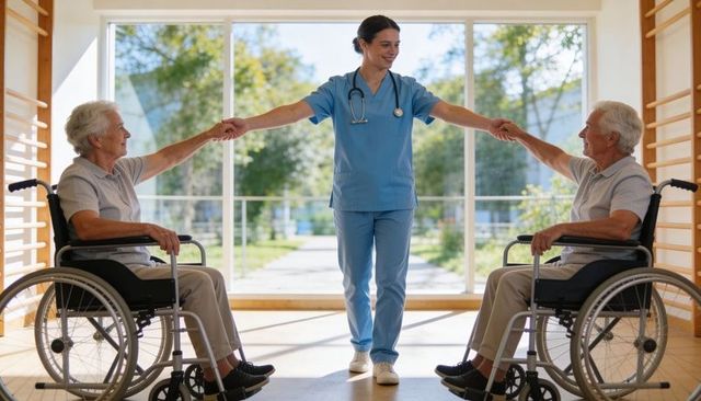 Nurse guiding seniors holding hands during wheelchair rehab in sunlit therapy care room
