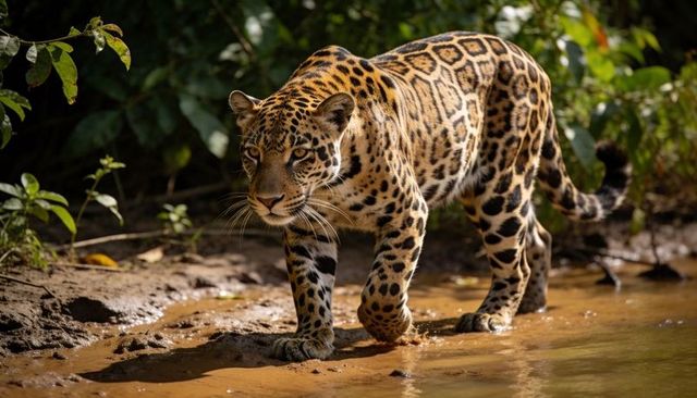 Sunlit jaguar walking along muddy riverbank in tropical rainforest, focused predator