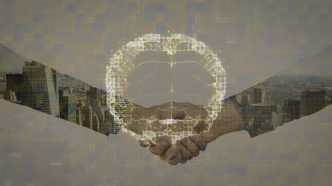 Digital Brain Interface Overlapping Cityscape Illustrates Technological Synergy