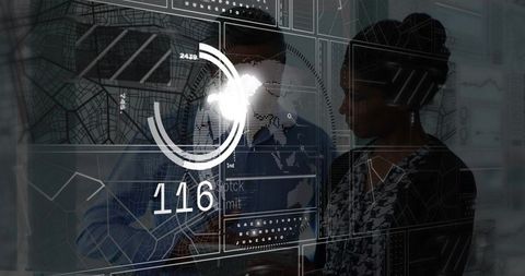Business analysts reviewing holographic dashboard with global map and live metrics