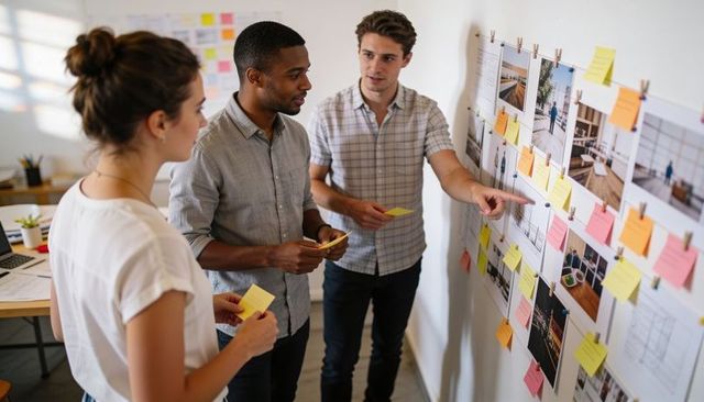 Creative team collaborating on design storyboard with sticky notes and printed layouts
