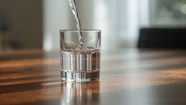 Pouring water into clear faceted glass on wooden table with bubbles and sunlit reflections
