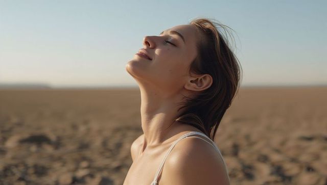 Young woman tilting head back, basking in sunlight on windswept sandy beach, serene
