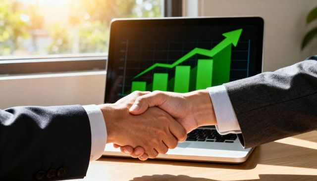 Business partners shaking hands over laptop showing rising green growth chart