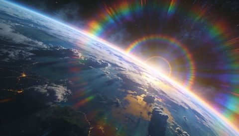 Revealing orbital sunrise over earth with radiant sun halos, rainbow arc and glowing city lights