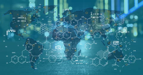Global Finance and Technology with Chemical Formulas Overlay