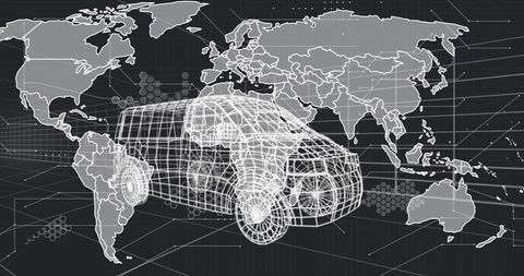 Wireframe Cargo Van Hovering Over Global Map with Hex Network for Logistics Routing and Fleet Tracki