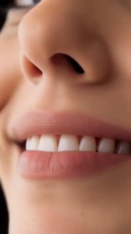 Vertical close-up video showing woman smiling, parting lips and revealing teeth and dimple