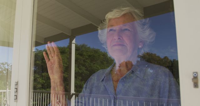 Senior woman with white hair is looking through window and waving. Reflection of outdoor view is visible in window. She appears thoughtful, conveys sense of contemplation and solitude. Can be used for themes of aging, loneliness, isolation, peaceful living, or promotional materials for elderly care and support services.