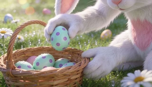 Bunny holding mint-green polka-dot egg over wicker basket on dewy spring meadow with daisies