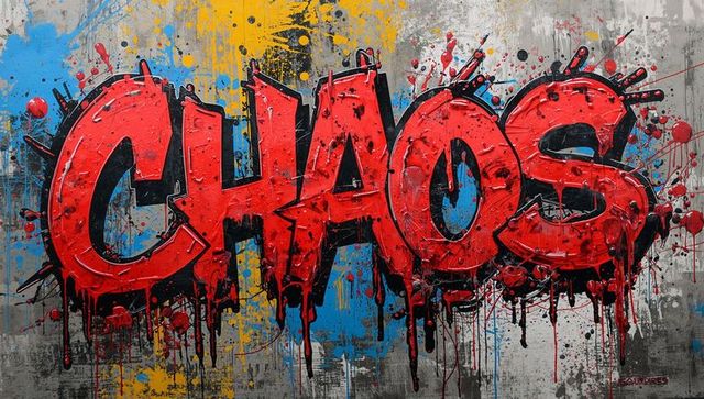 Bold chaos graffiti mural with red drips and blue splatter on weathered concrete wall