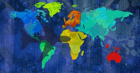 Airplane Shadow Flying Across Colorful World Map